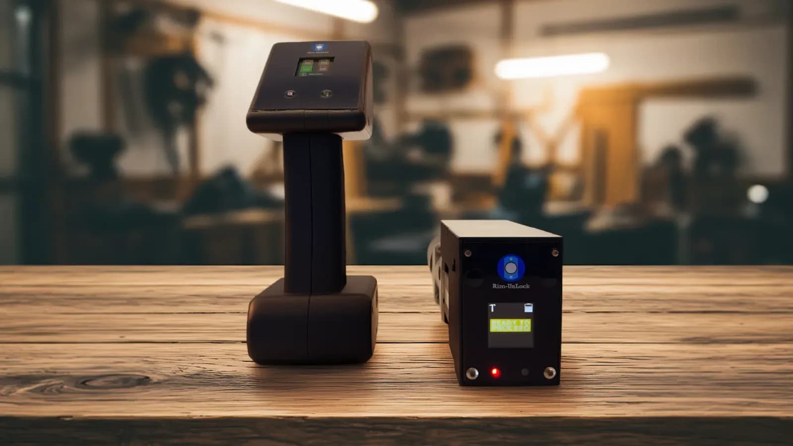 Two Rim-UnLock® units on a workbench, one screen reading Ready to proceed